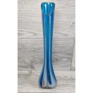 Vintage 10.5” Hand Made & Blown Blue Swirl Swung Stretch Glass Bud Vase Japan